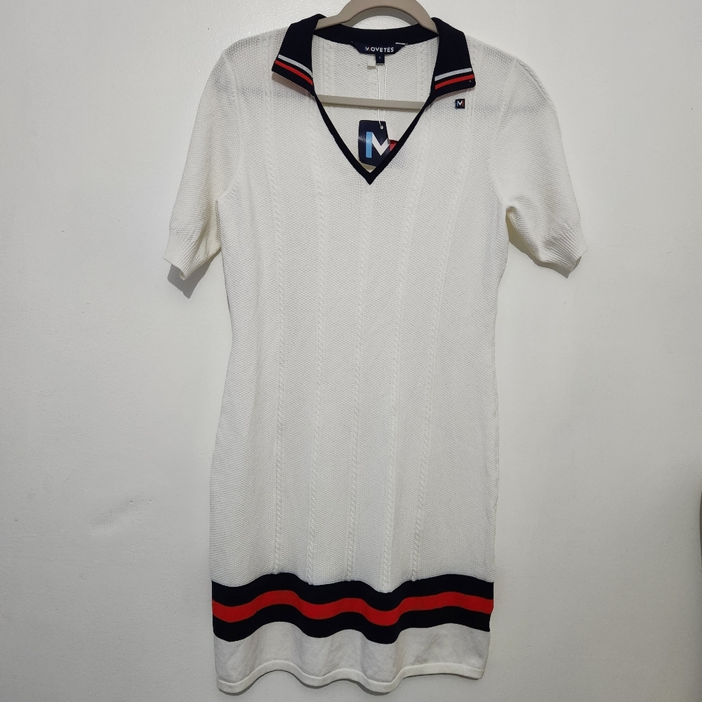 NWT Movetes THE ANNA Polo Dress Small White Navy Red UPF 50 Golf Tennis S33001A